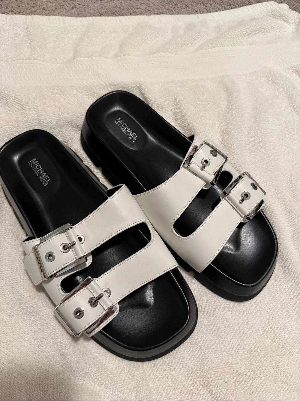 MICHAEL Michael Kors White Leather Double-Buckle Platform Sandals